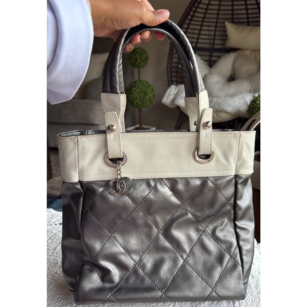CHANEL Silver Quilted Coated Canvas Paris-Biarritz WSH